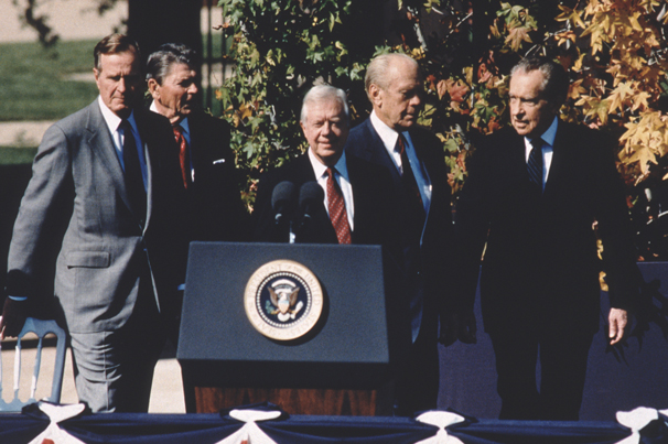 Five U.S. presidents gathered at the dedication of the Ronald Reagan Library in Santa Barbara, California, on Nov. 4, 1991. The event was the first time in U.S. history that five presidents had gathered in the same place: Richard Nixon, Gerald Ford, Jimmy Carter, Ronald Reagan, and George H.W. Bush. (Los Angeles Times) Photo by Alan Hagman