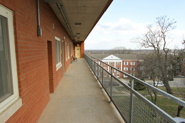 Walkways of the Sprague Apartments overlook the scholarship halls on the University of Kansas campus.