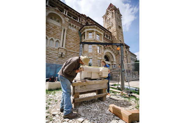 CARVING STATION: In 2019, students worked with Karl Ramberg during the outdoor carving process in front of Dyche Hall.

Photo by University of Kansas/Andy White